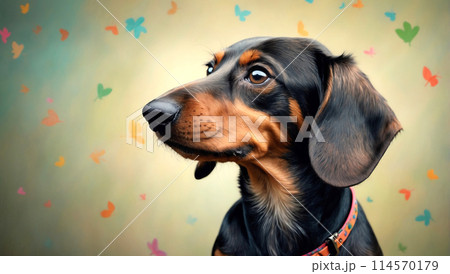 Portrait of a dachshund against a dreamy background 114570179