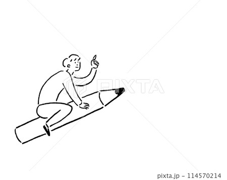 大きい鉛筆に乗って上を指差す男性、線画 114570214