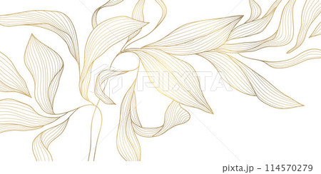 Vector golden flower background, luxury abstract line leaves composition. Art deco floral ornament, elegant summer print. Foliage drawing, vintage illustration. Vector golden flower background, luxury abstract line leaves composition. Art deco floral ornament, elegant summer print. Foliage drawing, vintage illustration. 114570279