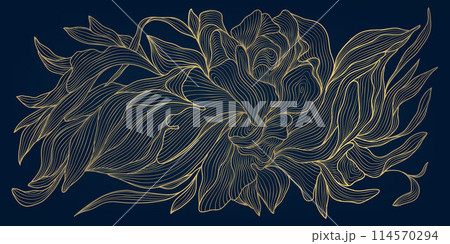 Vector golden flower background, luxury abstract line leaves composition. Art deco floral ornament, elegant summer print. Foliage drawing, vintage illustration. 114570294