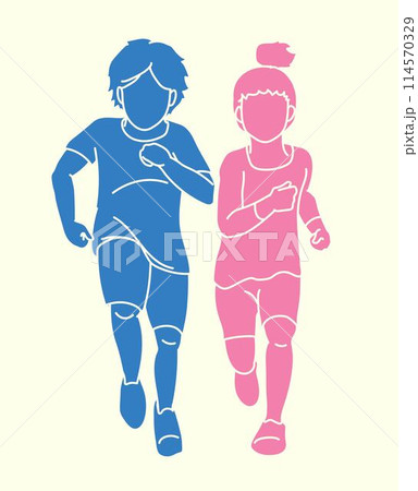A Boy and  a Girl Running Together Cartoon Graphic Vector 114570329