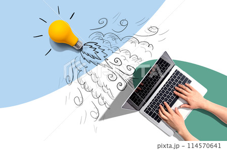 Idea light bulb flying to the sky like a rocket from a laptop computer Idea light bulb flying to the sky like a rocket from a laptop computer 114570641