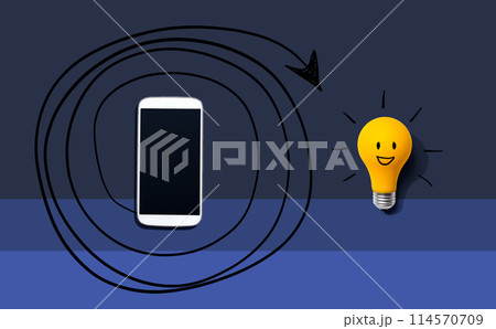 Creativity, inspiration, idea concept with light bulb and smartphone 114570709