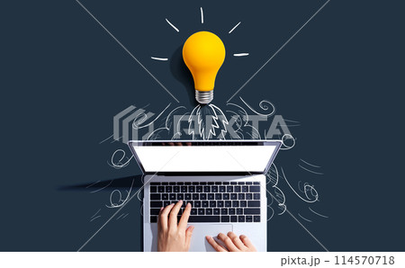 Idea light bulb flying to the sky like a rocket from a laptop computer Idea light bulb flying to the sky like a rocket from a laptop computer 114570718