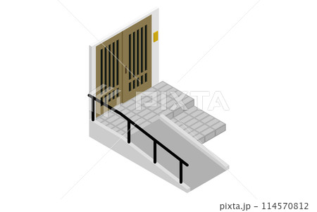 住宅リフォーム、玄関前にスロープをつける介護リフォーム、アイソメトリックイラスト 住宅リフォーム、玄関前にスロープをつける介護リフォーム、アイソメトリックイラスト 114570812