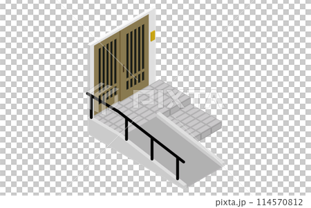 住宅リフォーム、玄関前にスロープをつける介護リフォーム、アイソメトリックイラスト 住宅リフォーム、玄関前にスロープをつける介護リフォーム、アイソメトリックイラスト 114570812