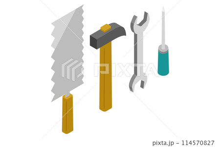 工具セット(のこぎり・金づち・スパナ・ドライバー)、アイソメトリックイラスト 工具セット(のこぎり・金づち・スパナ・ドライバー)、アイソメトリックイラスト 114570827
