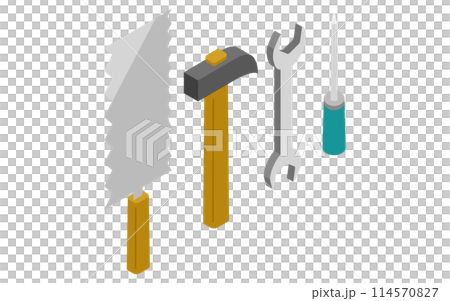 Tools set (saw, hammer, wrench, screwdriver), isometric illustration Tools set (saw, hammer, wrench, screwdriver), isometric illustration 114570827