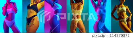 Collage. Body types. Cropped portraits of female models posing in lingerie in neon light against colorful background. 114570875