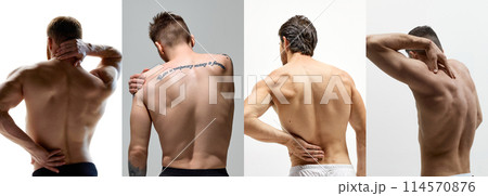Collage. Rear view portraits of male models posing shirtless and holds hands behind back or on shoulders. Body care. 114570876