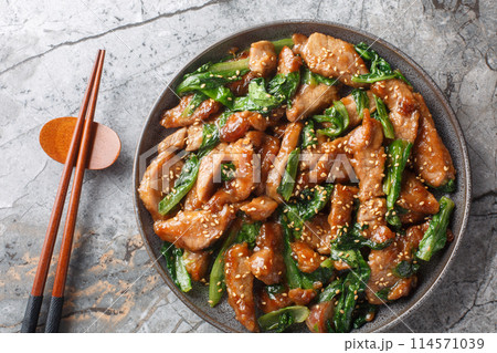 Roasted sliced pork tenderloin with romaine lettuce, sesame and garlic in a sweet spicy sauce close-up in a plate. Horizontal top view 114571039