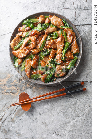 Chinese stir fried pork with romaine lettuce, sesame seeds in a sweet spicy sauce close-up in a plate. Vertical top view 114571044