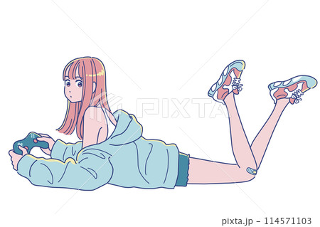 ゲームで遊ぶアニメタッチの女の子 ゲームで遊ぶアニメタッチの女の子 114571103