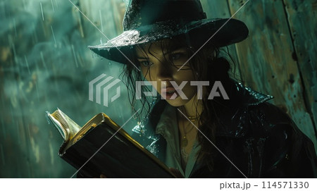 A woman in a witch hat reads a book in the darkness 114571330