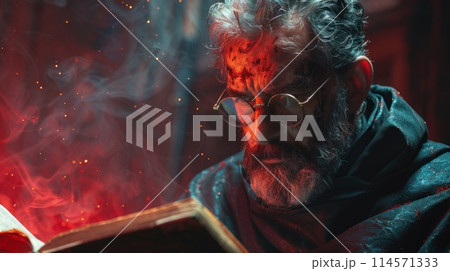 A man engrossed in a book about a fictional character in a dark room A man engrossed in a book about a fictional character in a dark room 114571333