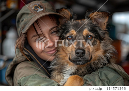 Woman with her beloved dog in a gentle hug 114571366