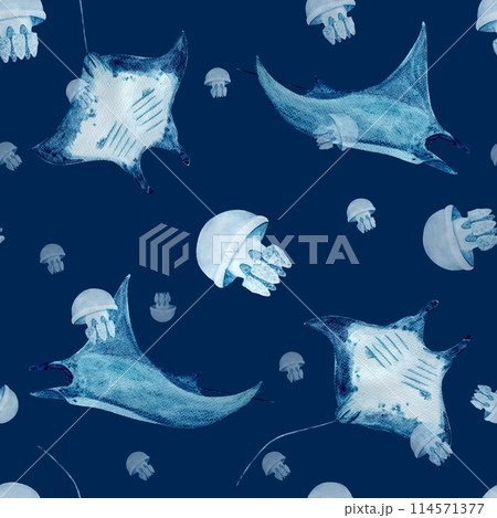 Manta ray and jellyfish watercolor seamless pattern on blue. High quality hand-drawn monochromatic illustration for notebooks, posters, wallpaper, textile, beach towel, wrapping paper and room decor 114571377