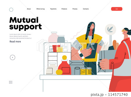 Mutual Support: Bringing groceries to food bank -modern flat vector concept illustration of people donating food to food pantry A metaphor of voluntary, collaborative exchanges of resource, services 114571740