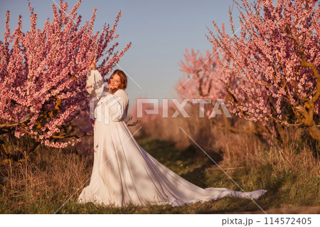 Woman blooming peach orchard. Against the backdrop of a picturesque peach orchard, a woman in a long white dress enjoys a peaceful walk in the park, surrounded by the beauty of nature. 114572405