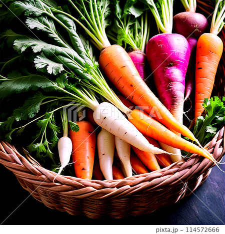 Rainbow Carrots and Radishes A woven basket filled with a colorful mix of carrots 114572666