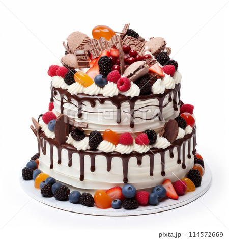 Colorful Birthday Cake with Berry Decorations. 114572669