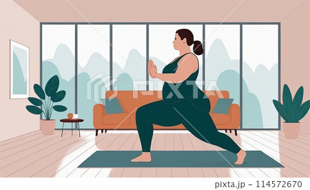 Large woman, yoga practice near sofa, leggings and top attire. Bright room, large window, floor-standing flower. 114572670