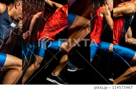 Collage. Male runner, sprinter in action in multiple dynamic poses highlighting speed and athleticism. Strength and power 114573467