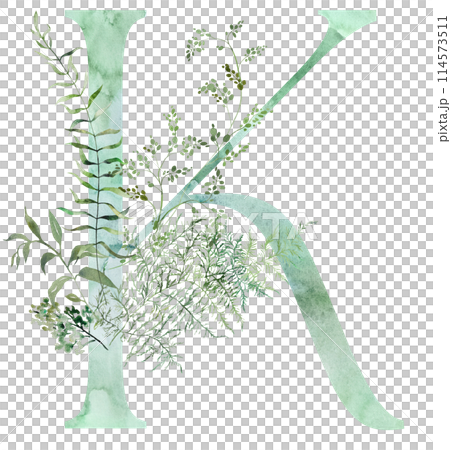 Green letter K with Watercolor whimsical tender leaves isolated illustration, wedding element 114573511
