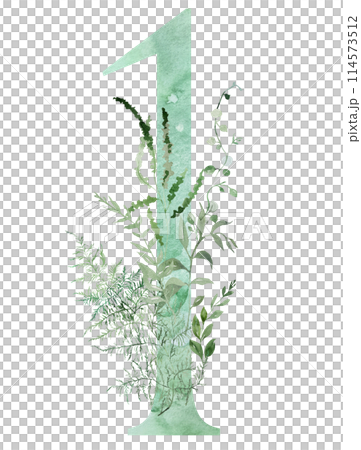 Green number 1 with Watercolor whimsical tender leaves isolated illustration, wedding element 114573512