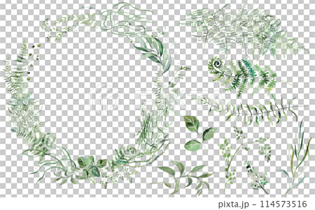 Frame and elements Watercolor fragile stems and tiny green leaves wedding isolated illustration 114573516