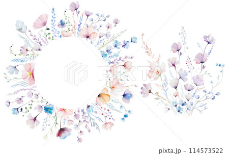 Frame and bouquet made with watercolor pastel wild flowers and leaves, isolated wedding illustration Frame and bouquet made with watercolor pastel wild flowers and leaves, isolated wedding illustration 114573522