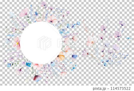 Frame and bouquet made with watercolor pastel wild flowers and leaves, isolated wedding illustration Frame and bouquet made with watercolor pastel wild flowers and leaves, isolated wedding illustration 114573522