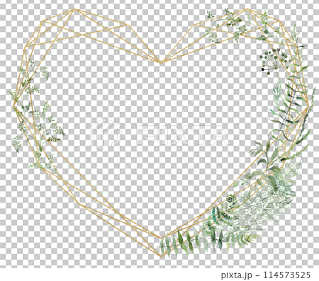Golden heart frame with Watercolor fragile stems and tiny green leaves, wedding isolated illustration 114573525