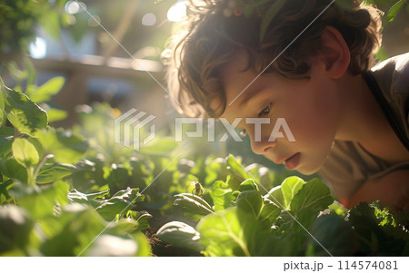 A child examines a spider and looks for insects among the plants in the backyard A child examines a spider and looks for insects among the plants in the backyard 114574081