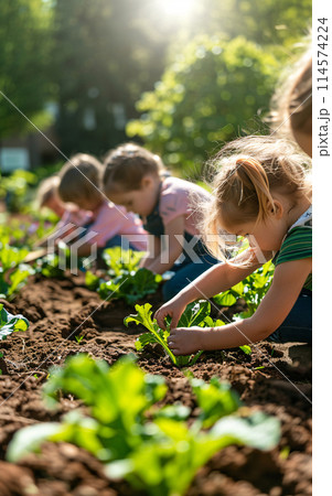 Diverse school children gardening in school orchard during gardening or botany lesson 114574224