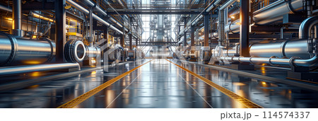 3D rendering of a modern oil and gas production plant with large pipes. 114574337