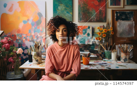 Portrait of a diversity young woman artist in an art gallery with paintings 114574397