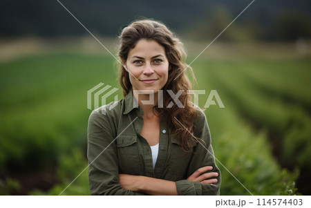 Agriculture, young woman farmer entrepreneur with harvest in her organic field of natural vegetables 114574403