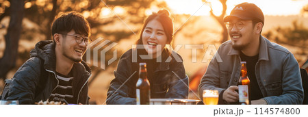 Group of Asian friends eating and camping in the forest. 114574800