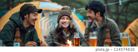 Group of Asian friends eating and camping in the forest. Group of Asian friends eating and camping in the forest. 114574810