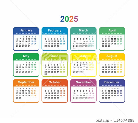 Calendar grid 2025 colorful vector Simple layout of pocket or wall calendar on white 114574889