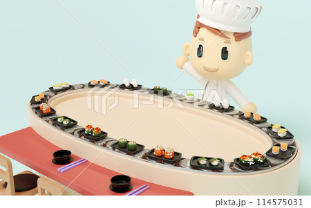 Japanese restaurant with sushi on conveyor belt isolated on blue background. 3d render illustration 114575031