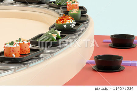 Japanese restaurant with sushi on conveyor belt isolated on blue background. 3d render illustration 114575034