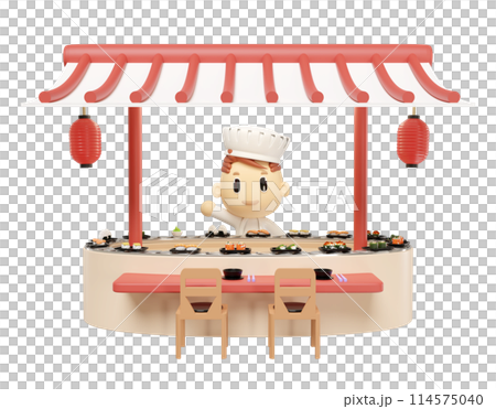 Japanese restaurant with sushi on conveyor belt isolated. 3d render illustration 114575040