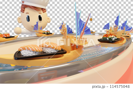 Japanese restaurant with sushi in the boat that runs around in the gutter isolated. conveyor belt sushi concept, 3d render illustration 114575048