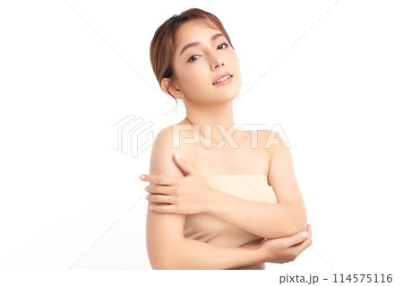 Beautiful young asian woman with clean fresh skin on white background, Face care, Facial treatment, Cosmetology, beauty and spa, Asian women portrait. 114575116