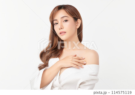 Beautiful young asian woman with clean fresh skin on white background, Face care, Facial treatment, Cosmetology, beauty and spa, Asian women portrait. 114575119