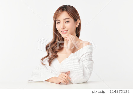Beautiful young asian woman with clean fresh skin on white background, Face care, Facial treatment, Cosmetology, beauty and spa, Asian women portrait. 114575122