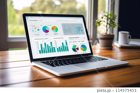 Laptop screen with charts and graphs on the table, statistics and business reports concept 114575453