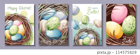 Set of greeting cards for Easter. Poster, banner with Easter eggs in the nest. Spring time 114575829
